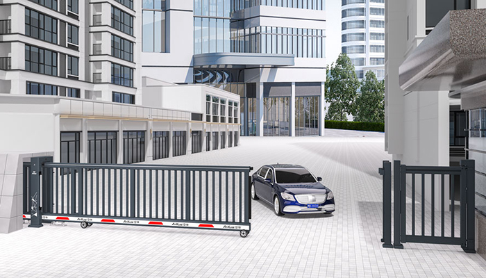 某辦公園區(qū)采用 “安快” 柵欄款平移工業(yè)門(mén)效果圖